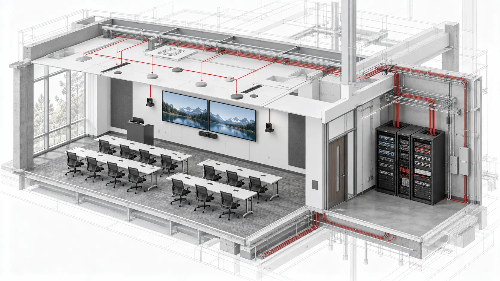 BIM-style visualization of a coordinated AV-over-IP training room and equipment rack infrastructure