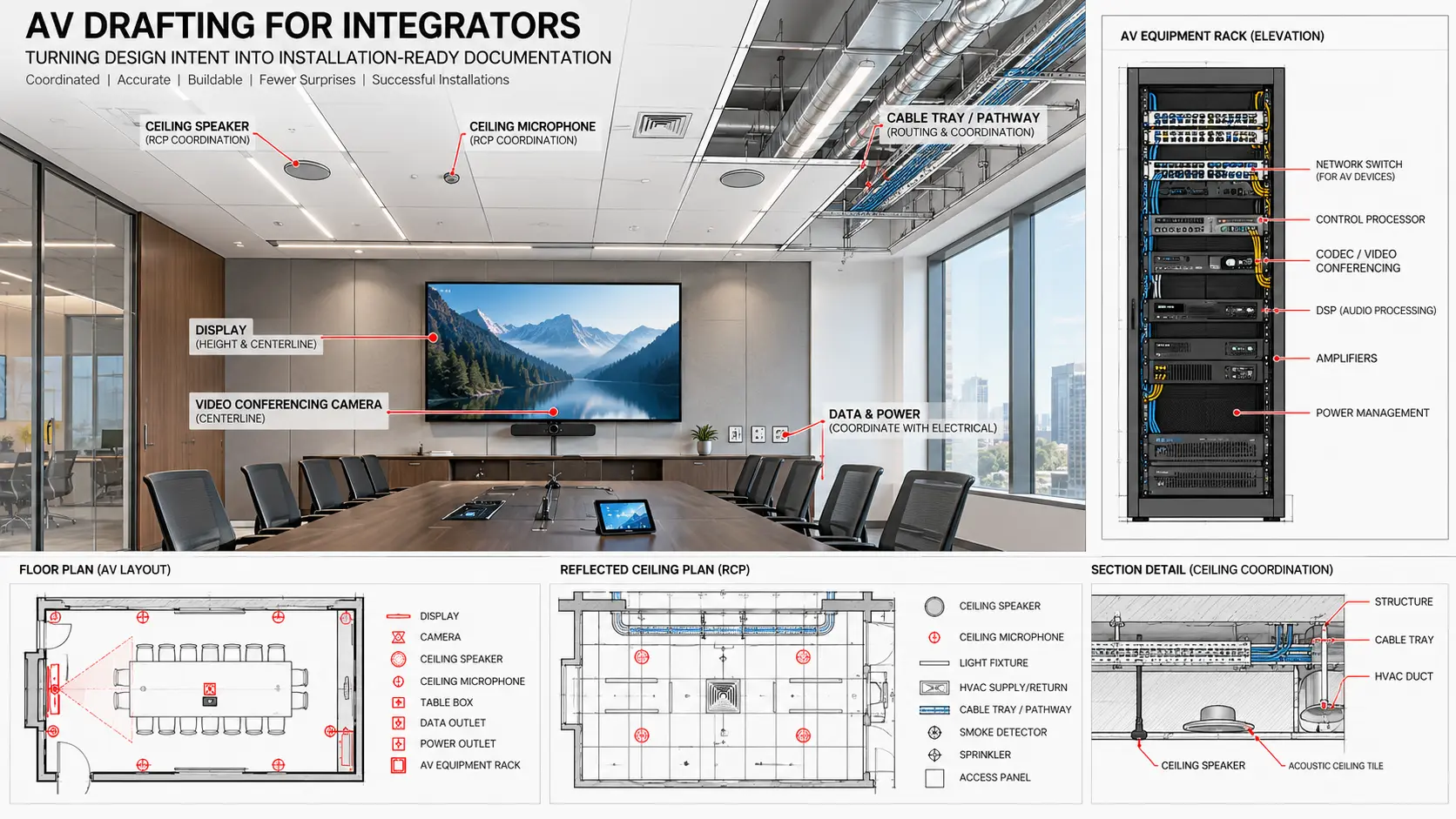AV CAD drafting package showing a conference room, floor plan, reflected ceiling plan, rack elevation and ceiling coordination section
