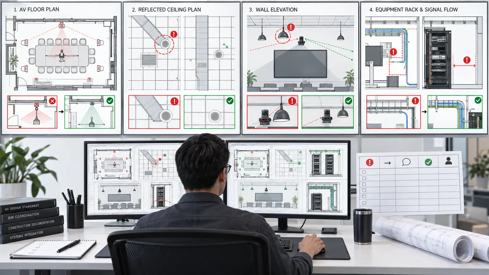 Technical AV CAD review showing floor-plan, ceiling, elevation, pathway and rack issues with corrected coordinated solutions