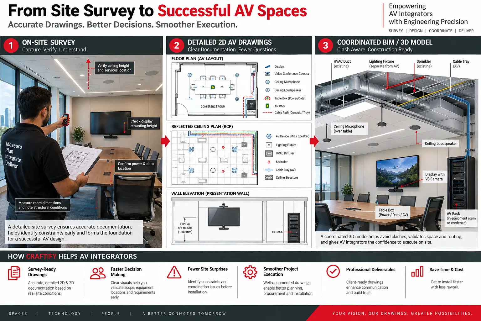 Technical workflow showing an AV site survey, coordinated drawing package and BIM model